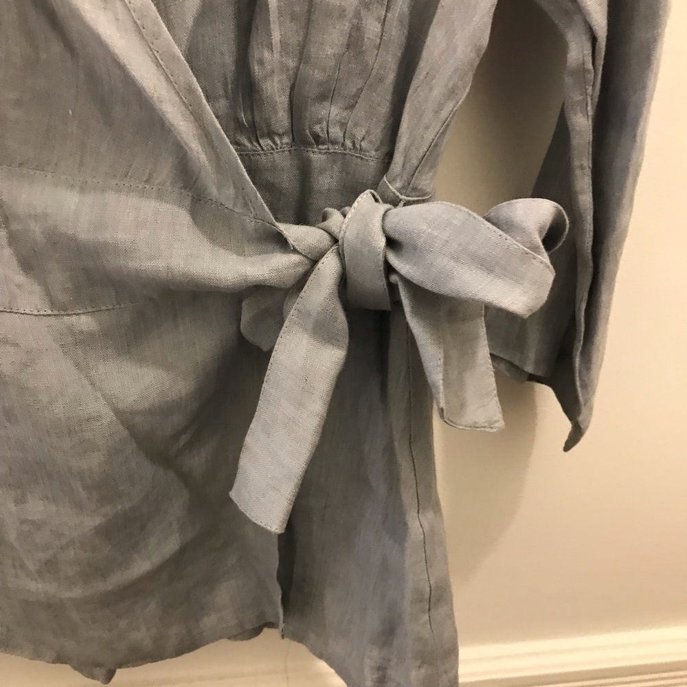 Flax Linen Wrap Top 4 6 XS Blue shirt blouse - Picture 3 of 11